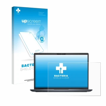 Parte frontal de un envase de producto con el logotipo de la marca upscreen. Al lado se muestra el dispositivo Dell Latitude 7
