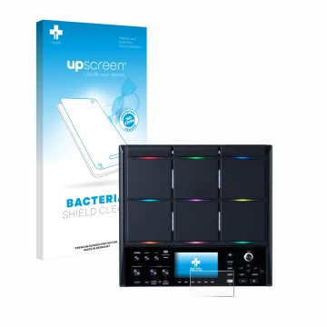 Parte frontal de un envase de producto con el logotipo de la marca upscreen. Al lado se muestra el dispositivo Roland SPD-SX P