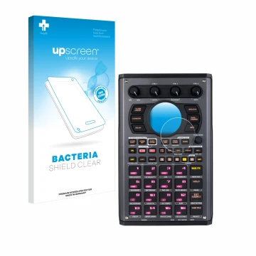 Parte frontal de un envase de producto con el logotipo de la marca upscreen. Al lado se muestra el dispositivo Roland SP-404MK
