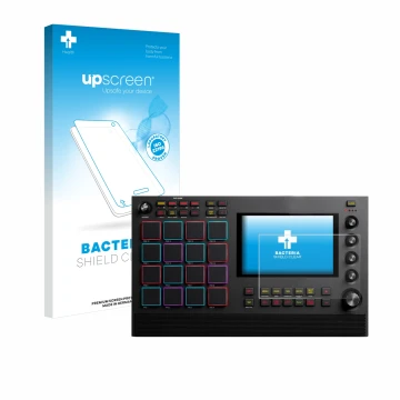 Parte frontal de un envase de producto con el logotipo de la marca upscreen. Al lado se muestra el dispositivo Akai MPC Live I