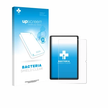 Parte frontal de un envase de producto con el logotipo de la marca upscreen. Al lado se muestra el dispositivo Blackview Tab 1