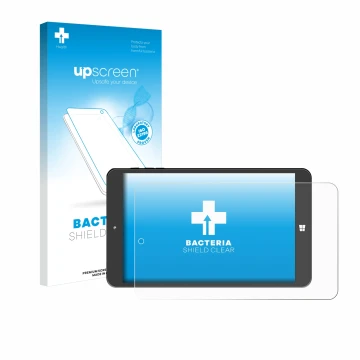 Parte frontal de un envase de producto con el logotipo de la marca upscreen. Al lado se muestra el dispositivo SZTPS Tablet 8