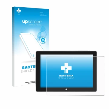 Parte frontal de un envase de producto con el logotipo de la marca upscreen. Al lado se muestra el dispositivo SZTPS Tablet 10