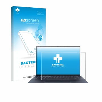 Parte frontal de un envase de producto con el logotipo de la marca upscreen. Al lado se muestra el dispositivo ASUS ExpertBook