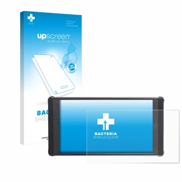 Parte frontal de un envase de producto con el logotipo de la marca upscreen. Al lado se muestra el dispositivo Portkeys PT6 co