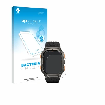 Parte frontal de un envase de producto con el logotipo de la marca upscreen. Al lado se muestra el dispositivo Kospet Tank M3 
