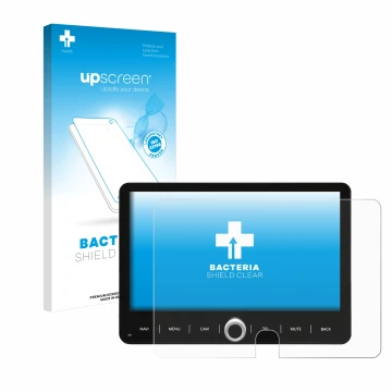 Parte frontal de un envase de producto con el logotipo de la marca upscreen. Al lado se muestra el dispositivo Dynavin D9-T5TP