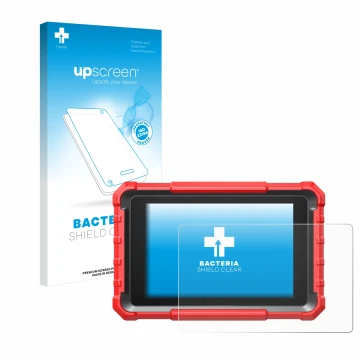 Parte frontal de un envase de producto con el logotipo de la marca upscreen. Al lado se muestra el dispositivo Launch X-431 PR