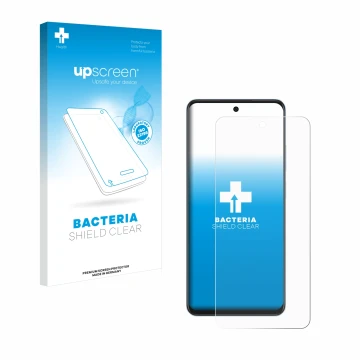 Parte frontal de un envase de producto con el logotipo de la marca upscreen. Al lado se muestra el dispositivo Oppo A60 con su