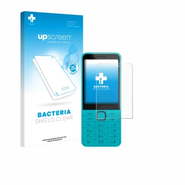 Parte frontal de un envase de producto con el logotipo de la marca upscreen. Al lado se muestra el dispositivo Nokia 235 4G (2