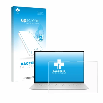Parte frontal de un envase de producto con el logotipo de la marca upscreen. Al lado se muestra el dispositivo Dell XPS 13 934