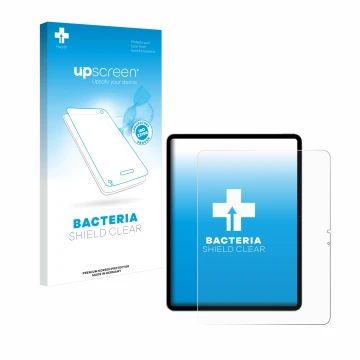 Parte frontal de un envase de producto con el logotipo de la marca upscreen. Al lado se muestra el dispositivo Apple iPad Air 