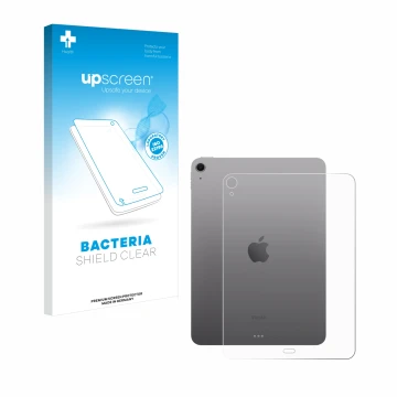 Parte frontal de un envase de producto con el logotipo de la marca upscreen. Al lado se muestra el dispositivo Apple iPad Air 