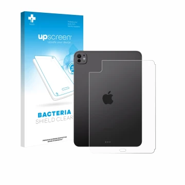 Parte frontal de un envase de producto con el logotipo de la marca upscreen. Al lado se muestra el dispositivo Apple iPad Pro 