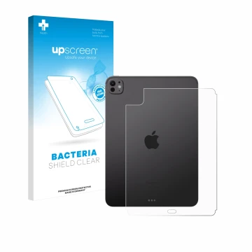 Parte frontal de un envase de producto con el logotipo de la marca upscreen. Al lado se muestra el dispositivo Apple iPad Pro 