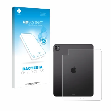 Parte frontal de un envase de producto con el logotipo de la marca upscreen. Al lado se muestra el dispositivo Apple iPad Pro 