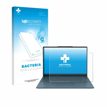 Parte frontal de un envase de producto con el logotipo de la marca upscreen. Al lado se muestra el dispositivo Lenovo Yoga Pro