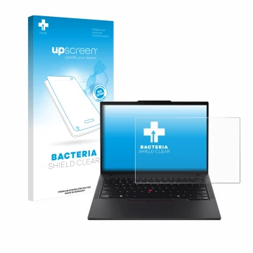 Parte frontal de un envase de producto con el logotipo de la marca upscreen. Al lado se muestra el dispositivo Lenovo ThinkPad