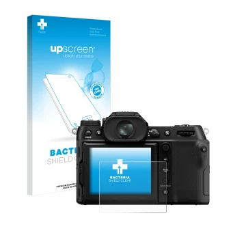 Parte frontal de un envase de producto con el logotipo de la marca upscreen. Al lado se muestra el dispositivo Fujifilm GFX100