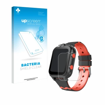 Parte frontal de un envase de producto con el logotipo de la marca upscreen. Al lado se muestra el dispositivo Yuede Kids Smar