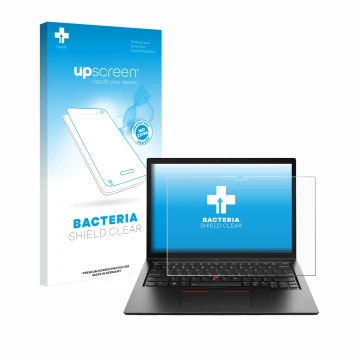 Parte frontal de un envase de producto con el logotipo de la marca upscreen. Al lado se muestra el dispositivo Lenovo ThinkPad