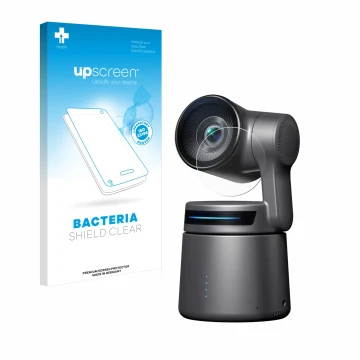 Parte frontal de un envase de producto con el logotipo de la marca upscreen. Al lado se muestra el dispositivo OBSBOT Tail Air