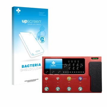 Parte frontal de un envase de producto con el logotipo de la marca upscreen. Al lado se muestra el dispositivo Valeton GP-200R