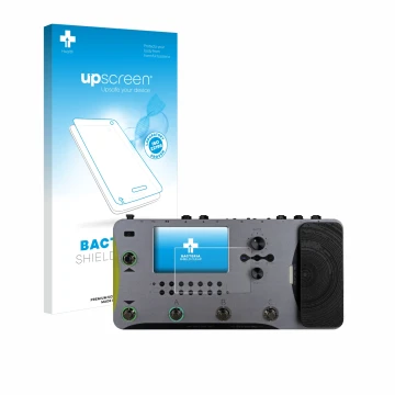 Parte frontal de un envase de producto con el logotipo de la marca upscreen. Al lado se muestra el dispositivo Mooer GE1000 co