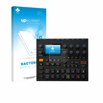 Parte frontal de un envase de producto con el logotipo de la marca upscreen. Al lado se muestra el dispositivo Elektron Digita