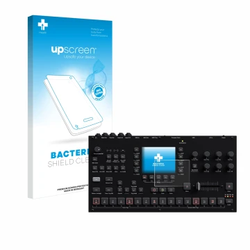 Parte frontal de un envase de producto con el logotipo de la marca upscreen. Al lado se muestra el dispositivo Elektron Octatr