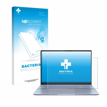 Parte frontal de un envase de producto con el logotipo de la marca upscreen. Al lado se muestra el dispositivo ASUS Vivobook S