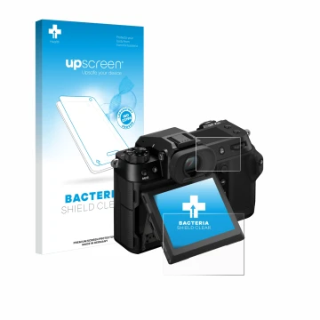 Parte frontal de un envase de producto con el logotipo de la marca upscreen. Al lado se muestra el dispositivo Fujifilm GFX100