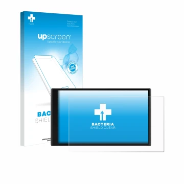 Parte frontal de un envase de producto con el logotipo de la marca upscreen. Al lado se muestra el dispositivo Garmin CamperVa