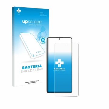 Parte frontal de un envase de producto con el logotipo de la marca upscreen. Al lado se muestra el dispositivo Xiaomi Poco F6 