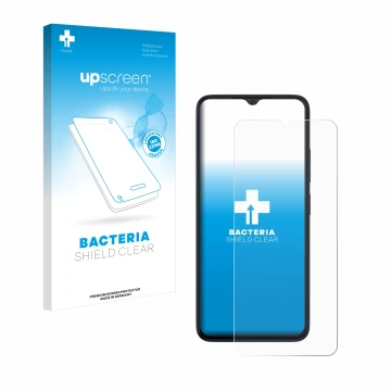 Parte frontal de un envase de producto con el logotipo de la marca upscreen. Al lado se muestra el dispositivo Wiko T20 con su