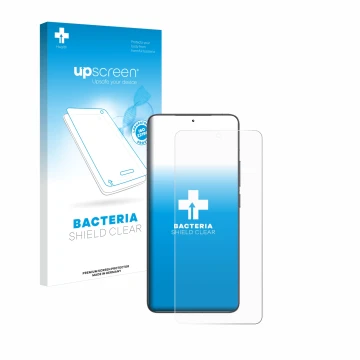 Parte frontal de un envase de producto con el logotipo de la marca upscreen. Al lado se muestra el dispositivo Xiaomi Poco F6 