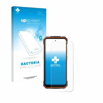 Parte frontal de un envase de producto con el logotipo de la marca upscreen. Al lado se muestra el dispositivo Blackview BV810