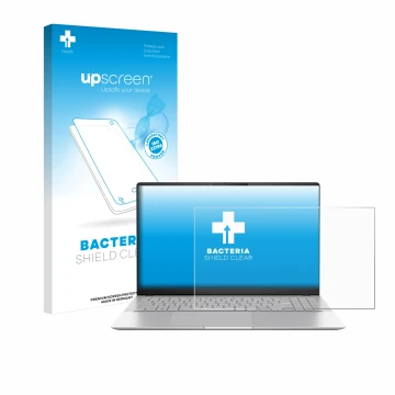 Parte frontal de un envase de producto con el logotipo de la marca upscreen. Al lado se muestra el dispositivo ASUS Vivobook S