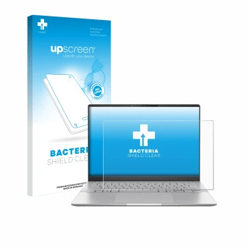 Parte frontal de un envase de producto con el logotipo de la marca upscreen. Al lado se muestra el dispositivo ASUS Vivobook S