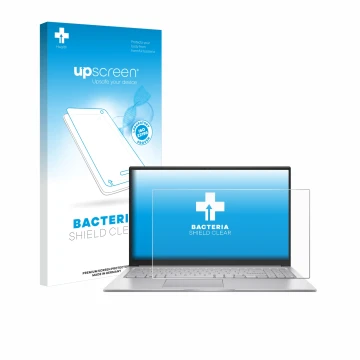 Parte frontal de un envase de producto con el logotipo de la marca upscreen. Al lado se muestra el dispositivo ASUS Vivobook 1