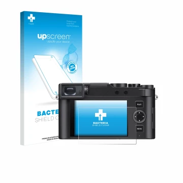 Parte frontal de un envase de producto con el logotipo de la marca upscreen. Al lado se muestra el dispositivo Leica D-Lux 8 c