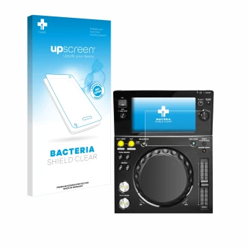 Parte frontal de un envase de producto con el logotipo de la marca upscreen. Al lado se muestra el dispositivo Pioneer XDJ -70