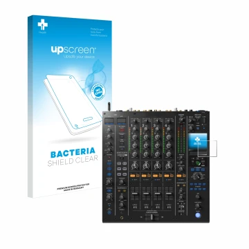 Parte frontal de un envase de producto con el logotipo de la marca upscreen. Al lado se muestra el dispositivo Pioneer DJM A9 