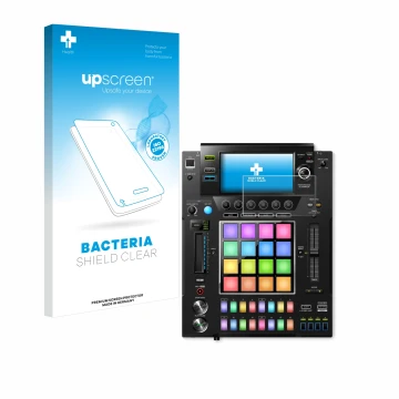 Parte frontal de un envase de producto con el logotipo de la marca upscreen. Al lado se muestra el dispositivo Pioneer DJS -10