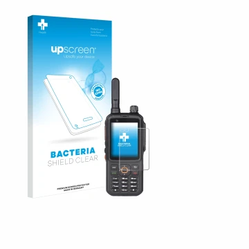 Parte frontal de un envase de producto con el logotipo de la marca upscreen. Al lado se muestra el dispositivo Inrico T320 con