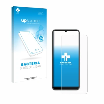 Parte frontal de un envase de producto con el logotipo de la marca upscreen. Al lado se muestra el dispositivo Telekom T Phone