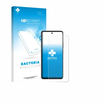 Parte frontal de un envase de producto con el logotipo de la marca upscreen. Al lado se muestra el dispositivo Oppo A79 5G con
