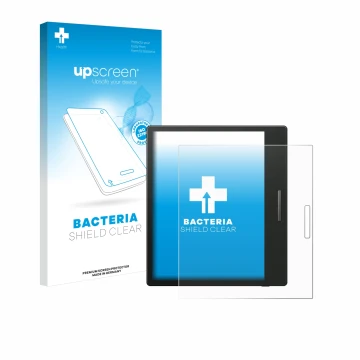 Parte frontal de un envase de producto con el logotipo de la marca upscreen. Al lado se muestra el dispositivo Boox Go Color 7