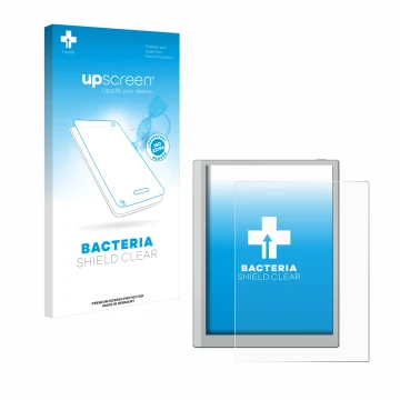 Parte frontal de un envase de producto con el logotipo de la marca upscreen. Al lado se muestra el dispositivo Boox Go 10.3 co