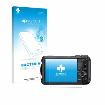 Parte frontal de un envase de producto con el logotipo de la marca upscreen. Al lado se muestra el dispositivo Ricoh Pentax WG